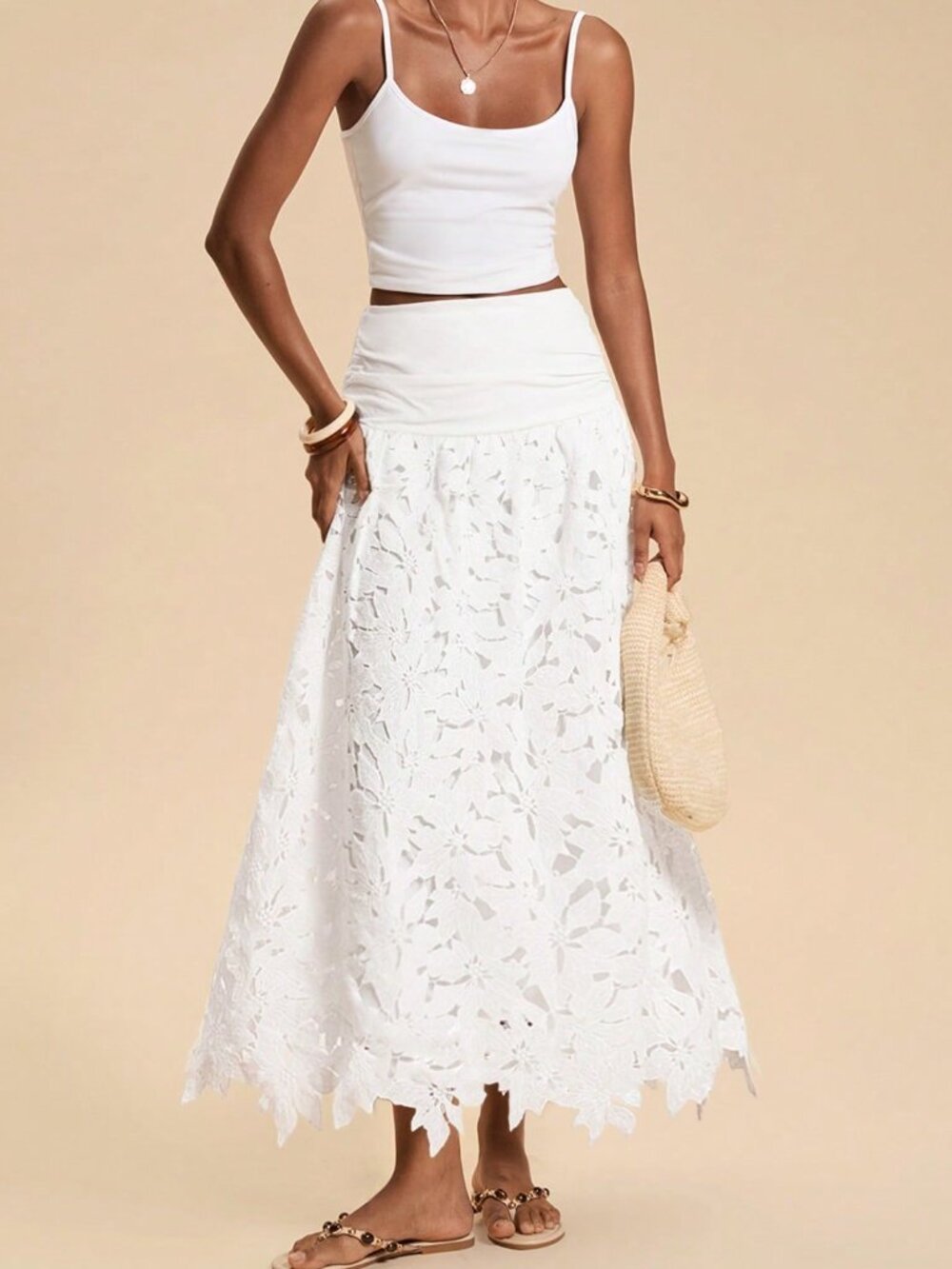 White Boho Women's French Vacation Lace Patchwork Pleated Skirt